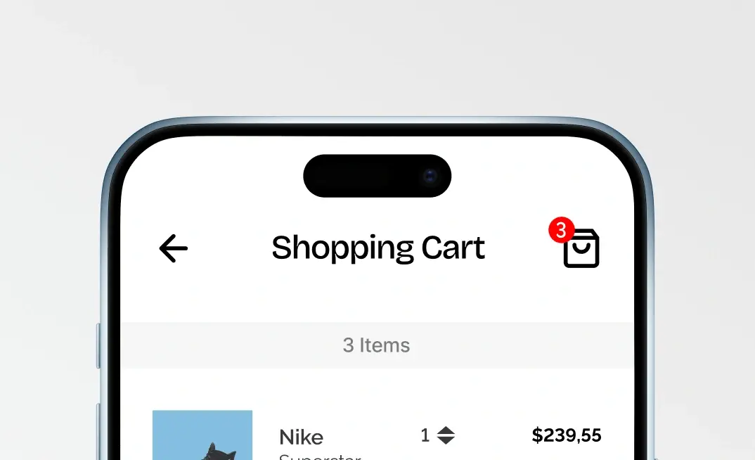 A phone showing a shopping cart with 3 items waiting at checkout