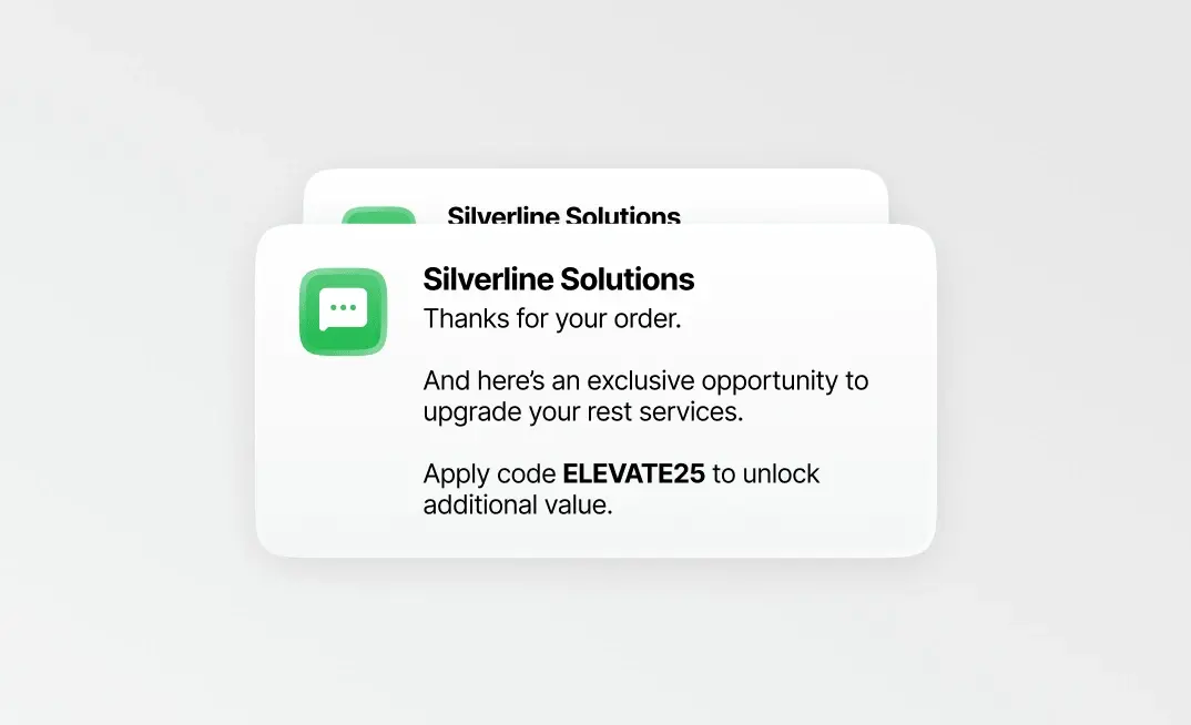 A thank-you text message after an order, with a discount code for an upgrade